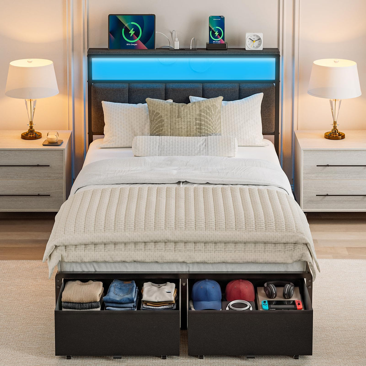 Queen Bed Frame with 2 Storage Drawers, Grey Upholstered