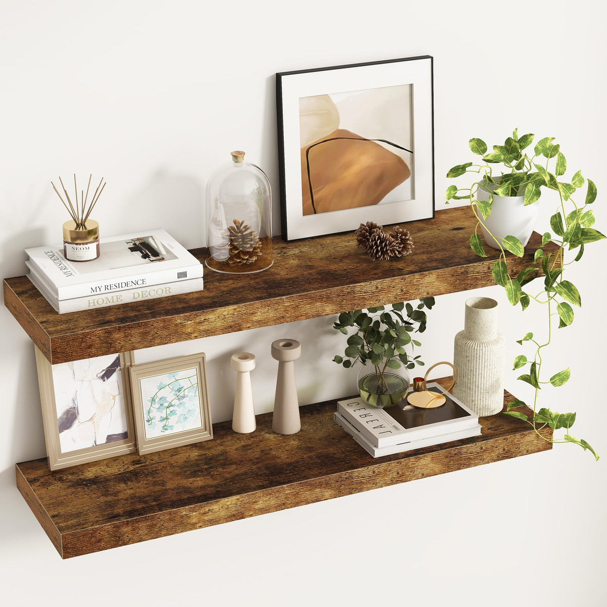 Fun Memories Floating Shelves - 2 Pack 12 Inch Rustic Wooden Wall Shelves - Extra Deeper & Thicker Wall Mounted Storage Shelf for Living Room, Kitchen, Farmhouse - 36" W x 12" D x 1.8" H - Brown
