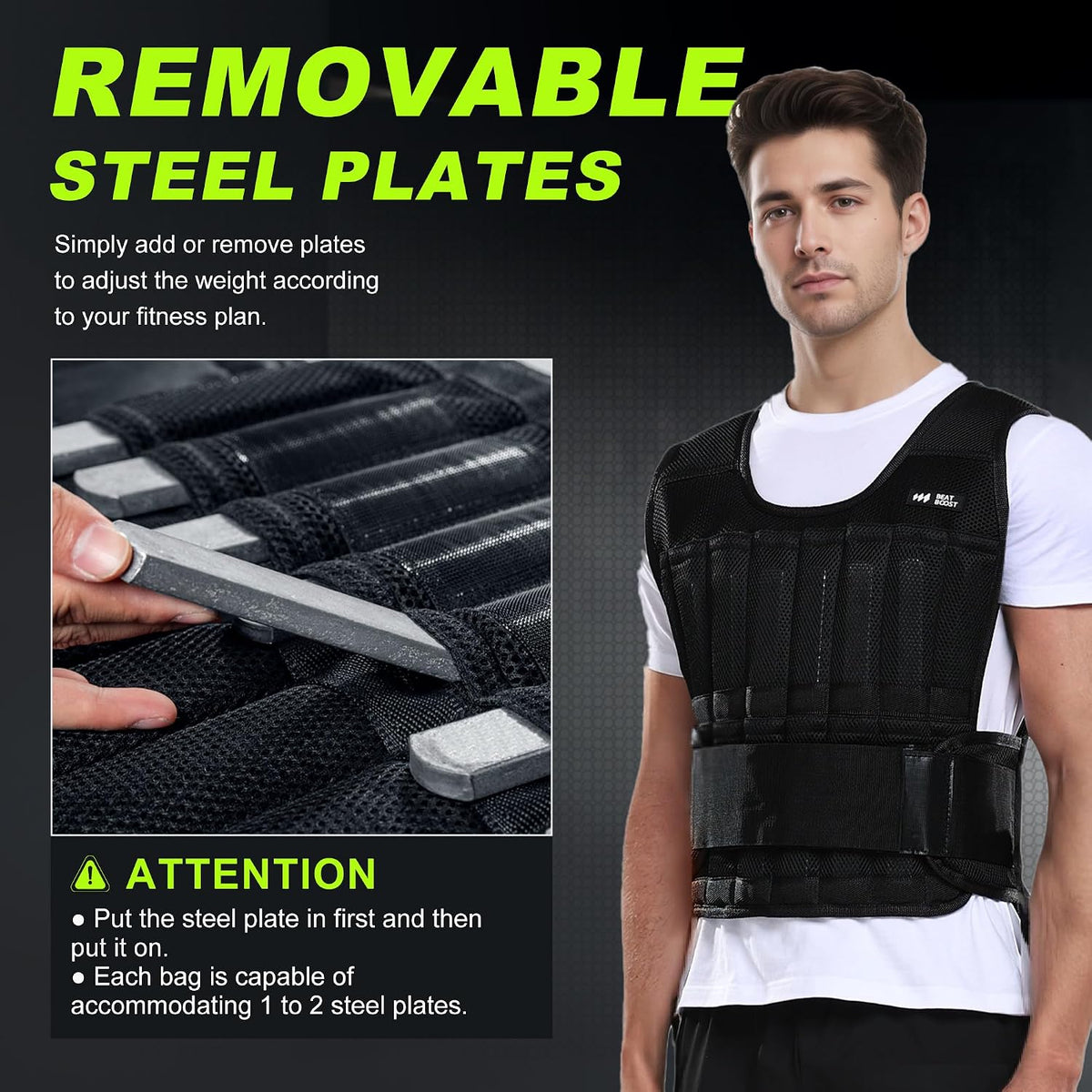 BeatBoost Weighted Vest Men 20lb/30lb/40lb/50lb/60lb Adjustable Weight Vest with Steel Plates Weight for Running Workout