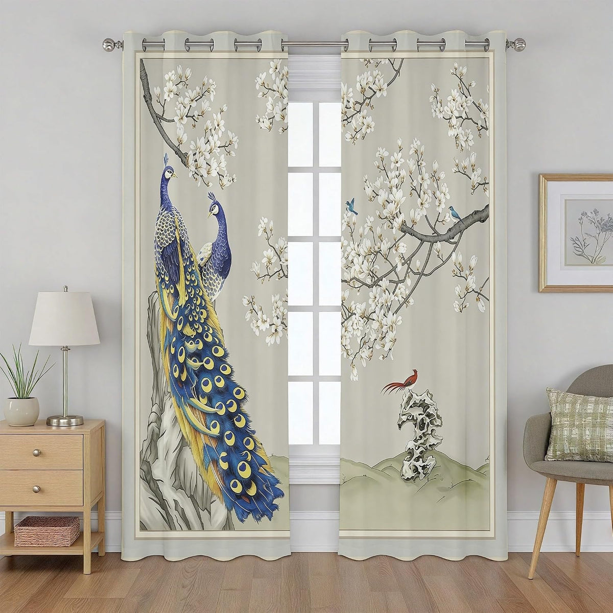 Peacock Curtains 96 Inches Long, Oriental Floral Animal Blackout Curtain