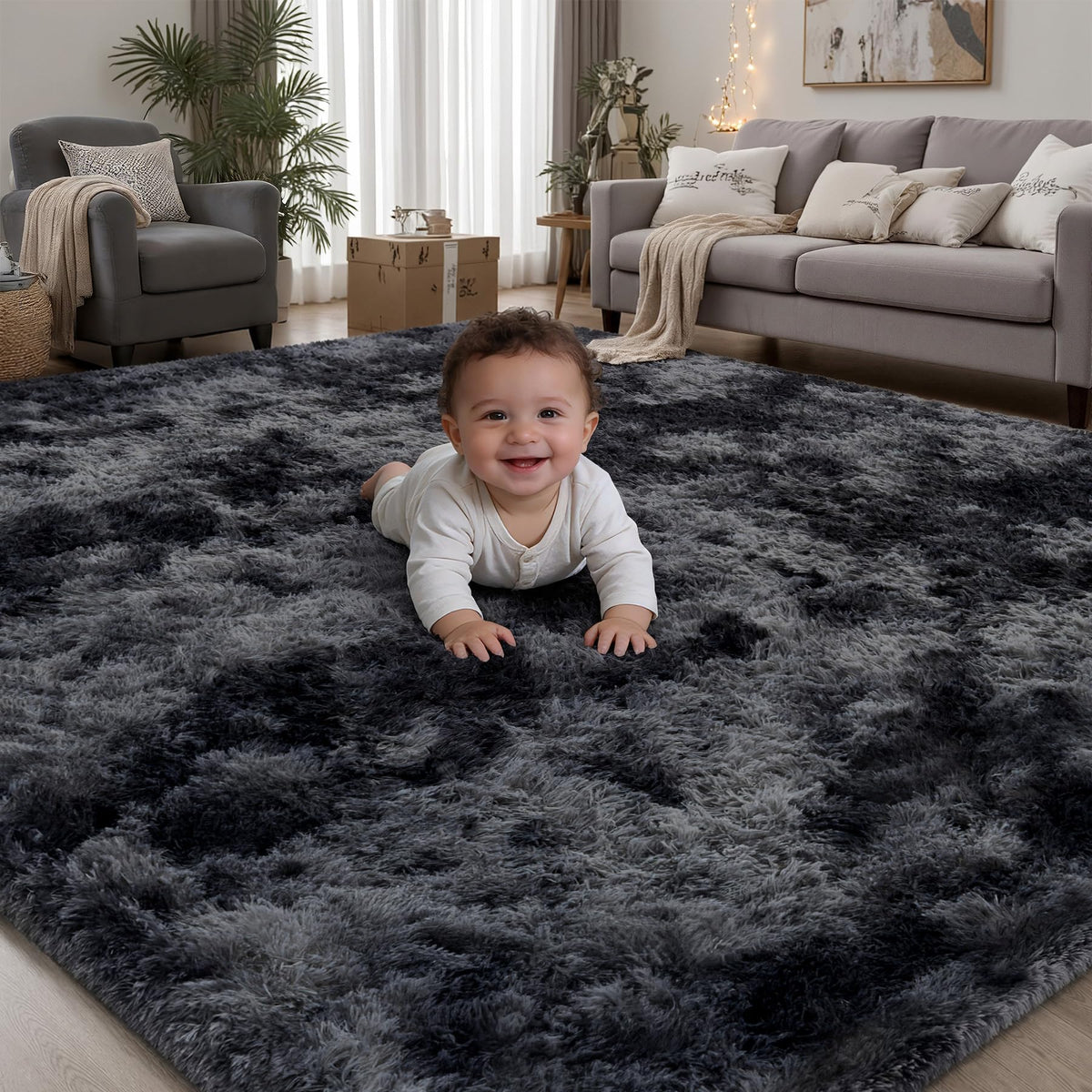 PLHXFR 9x12 Area Rugs Living Room: Fluffy Bedroom Soft Shag Rug Black Grey