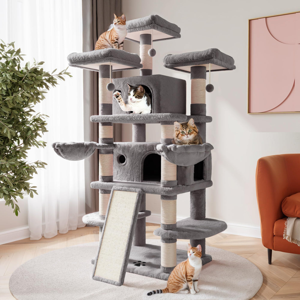 SHA CERLIN 68 Inches Multi-Level Large Cat Tree for Large Kitties/Big Cat Tower with Condo/Cozy Plush ‌Pussycat Perches/Sisal Scratching Posts and Hammocks/Activity Center/Leopard Print