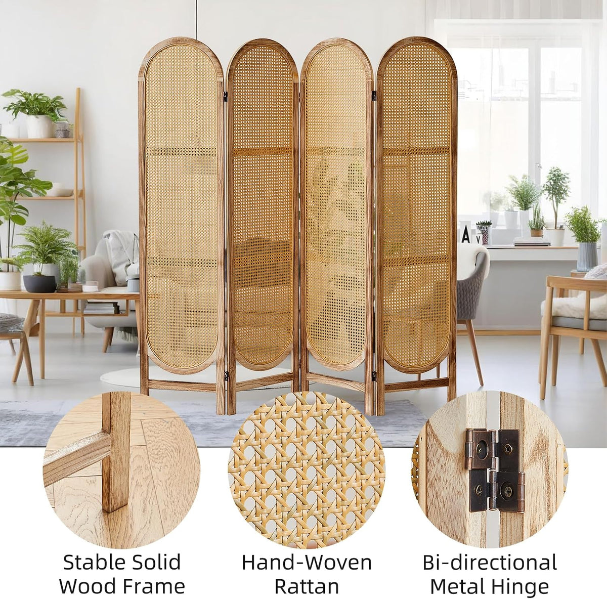 4 Panel Rattan Room Divider, Folding Room Divider Screen, Natural