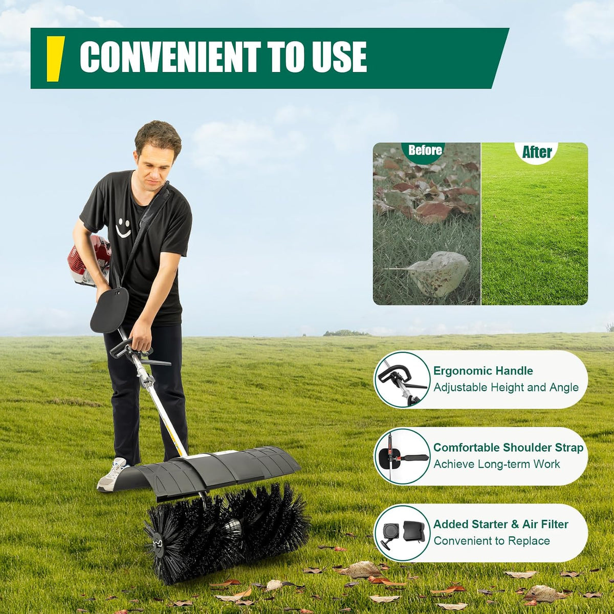 52CC 2-Stroke Gas Power Handheld Sweeper,2.3HP Air Cooled Fuel Engine Gas Power Sweeping Broom Machine,Used for Cleaning Artificial Grasslands, Streets and Farms(1.7KW)