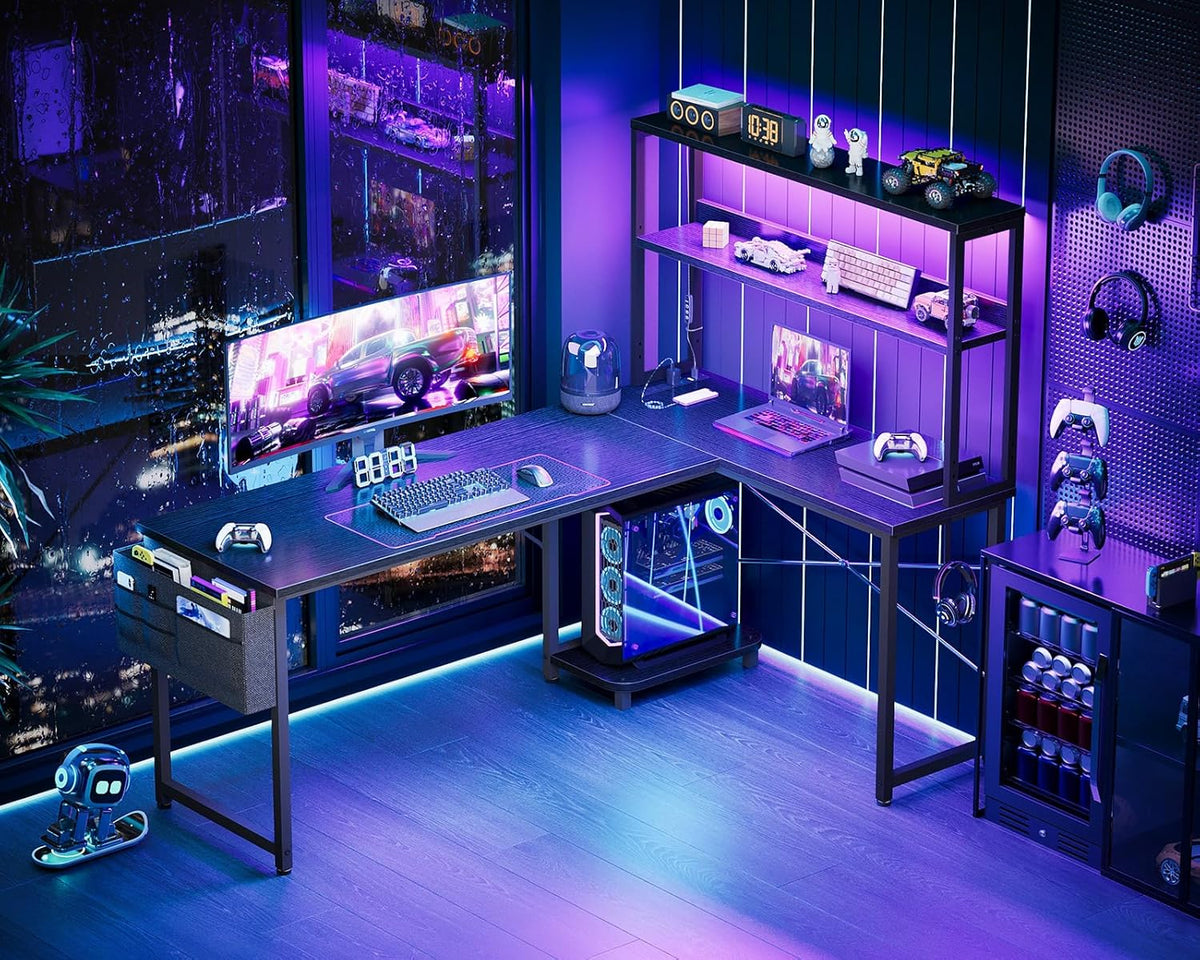 AODK L Shaped Desk Gaming Desk with LED Light & Power Outlet