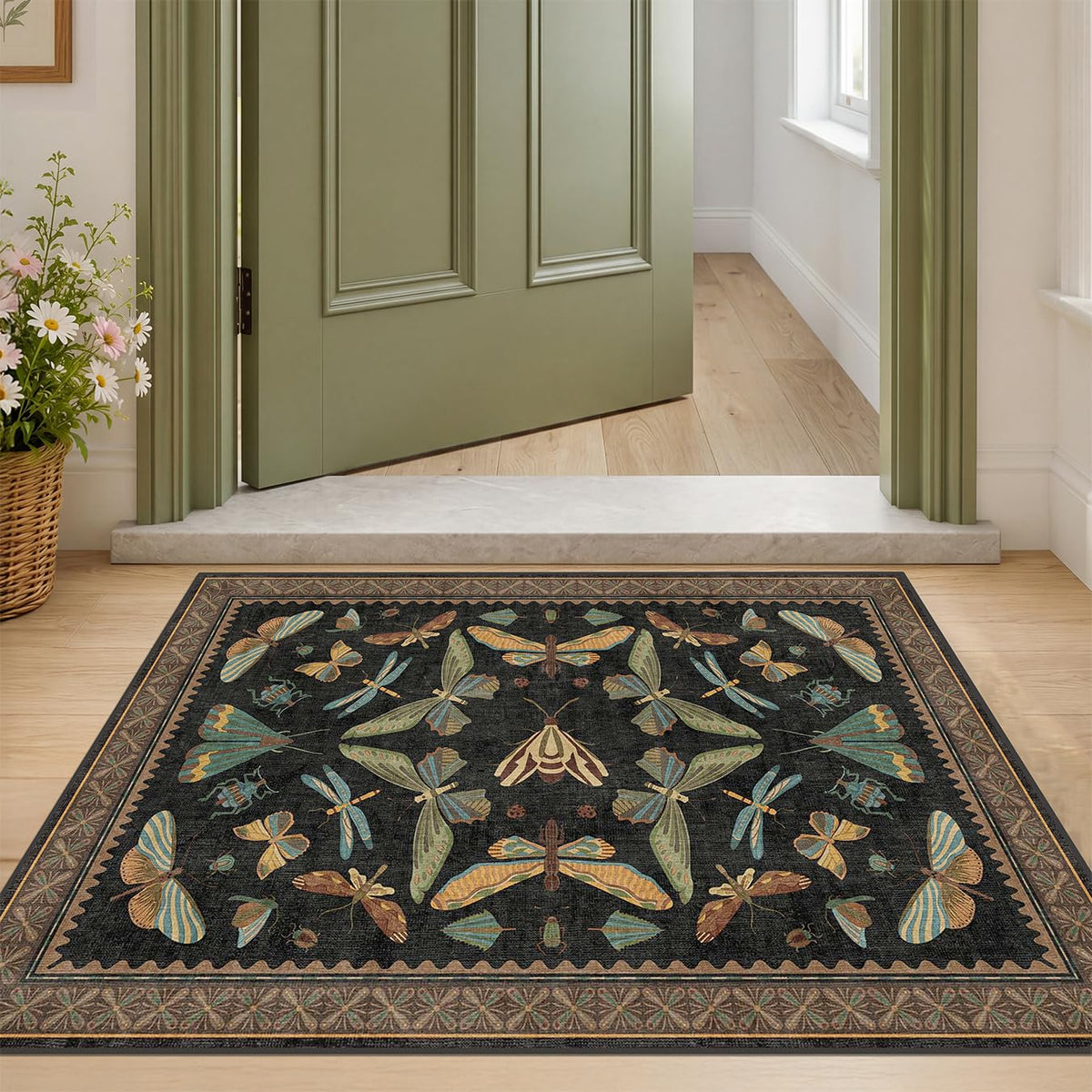 Hazo Haus Dark Green Insect Area Rugs 8x10 for Living Room, Dining Room Under Table, Bedroom, Unique Washable Floral Non Slip Low Pile Soft Rug