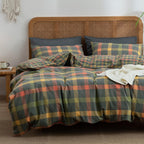 Plaid Duvet Cover Set Washed Cotton,Queen(90"x90"),Multicolor Gingham