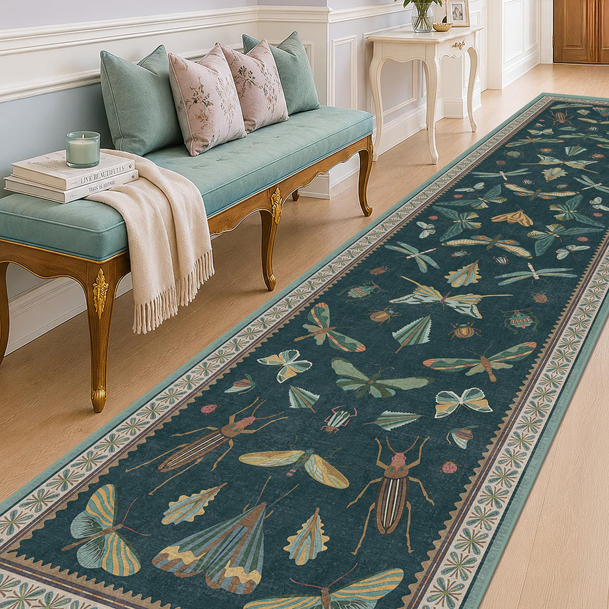 Hazo Haus Dark Green Insect Area Rugs 8x10 for Living Room, Dining Room Under Table, Bedroom, Unique Washable Floral Non Slip Low Pile Soft Rug
