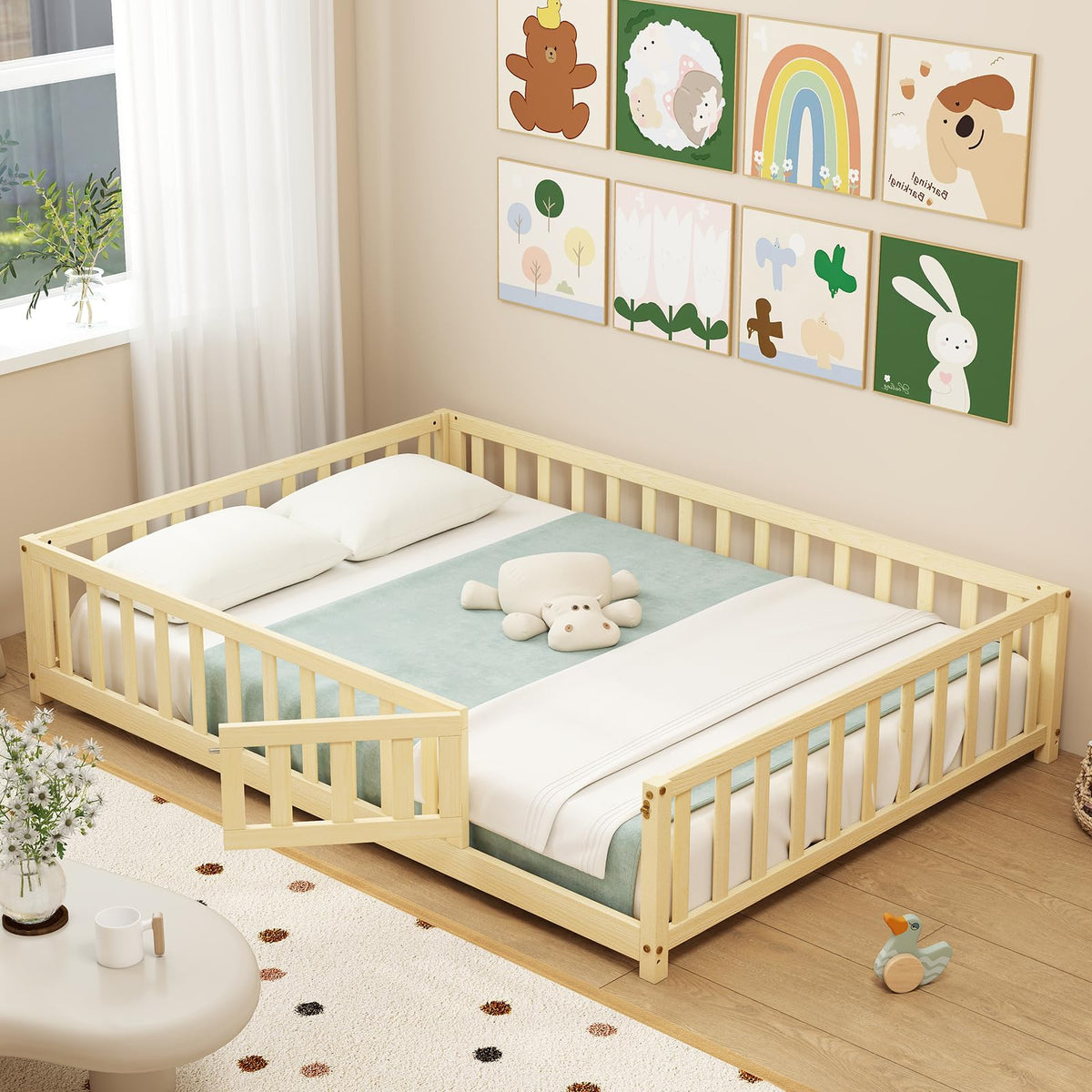 Giantex Twin Floor Bed with Fence for Kids, Wooden Montessori Bed Frame with Lockable Door & Guardrails, Low Floor Beds for Kids, Boys, Girls, No Box Spring Needed, Without Wood Slats, Natural