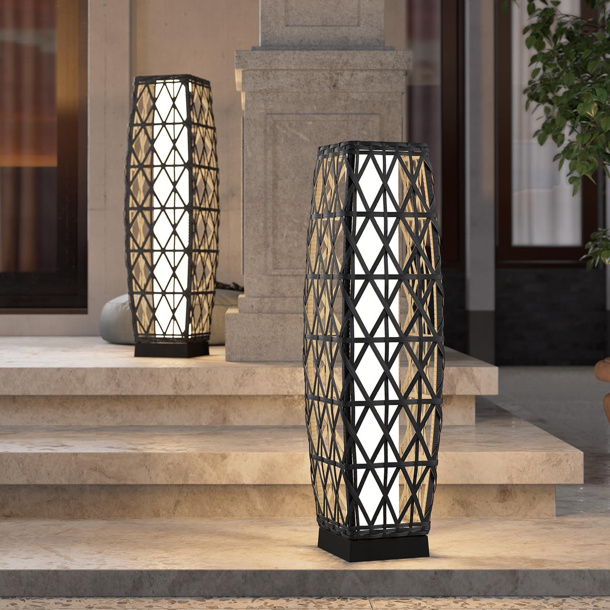 Grand patio 2-Piece Outdoor Floor Lamp Solar Powered Lantern Waterproof Wicker Boho Deck Lights for Garden Porch Decor, Large Crossover