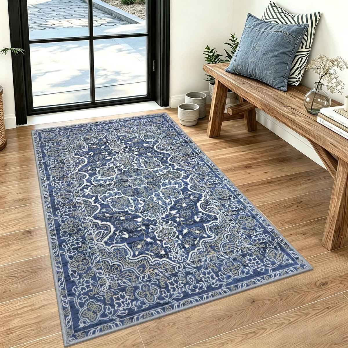 KUTA Vintage Extra Long Runners for Hallways 2.6x18ft Washable Blue White