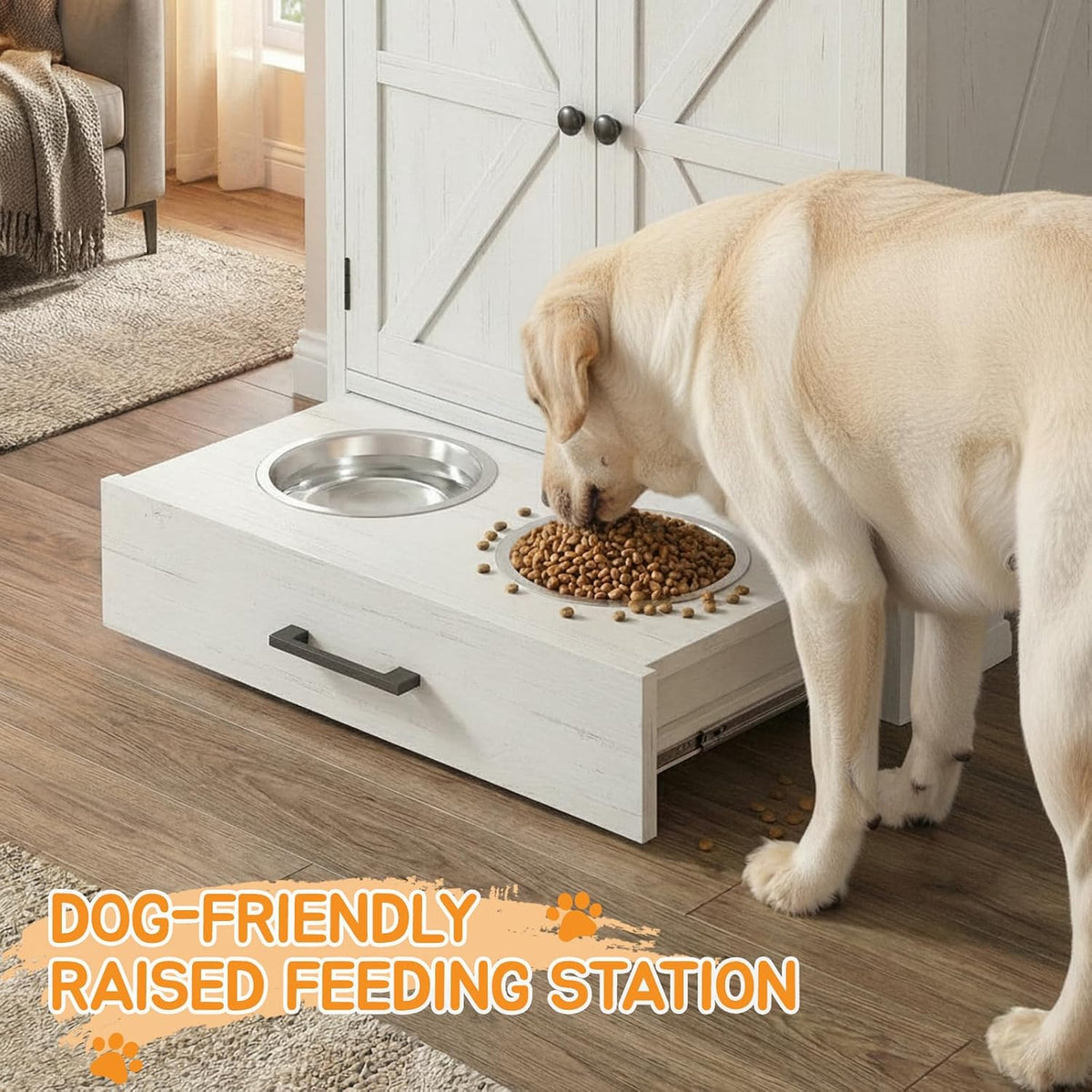 Dog Feeding Station with Storage Cabinet, Raised 2 Elevated Dog Bowls with Hidden Drawer, Pet Feeding Station with Storage, Dog Food Storage Cabinet with 3 Side Hooks, Pet Storage Station