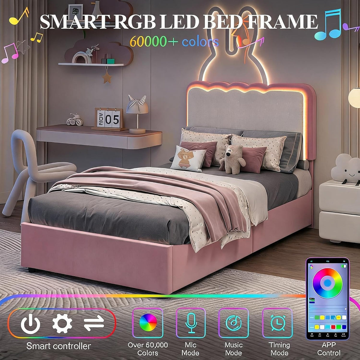IDEALHOUSE Twin LED Bed, 2 Drawer Trundle, Pink Wave Headboard
