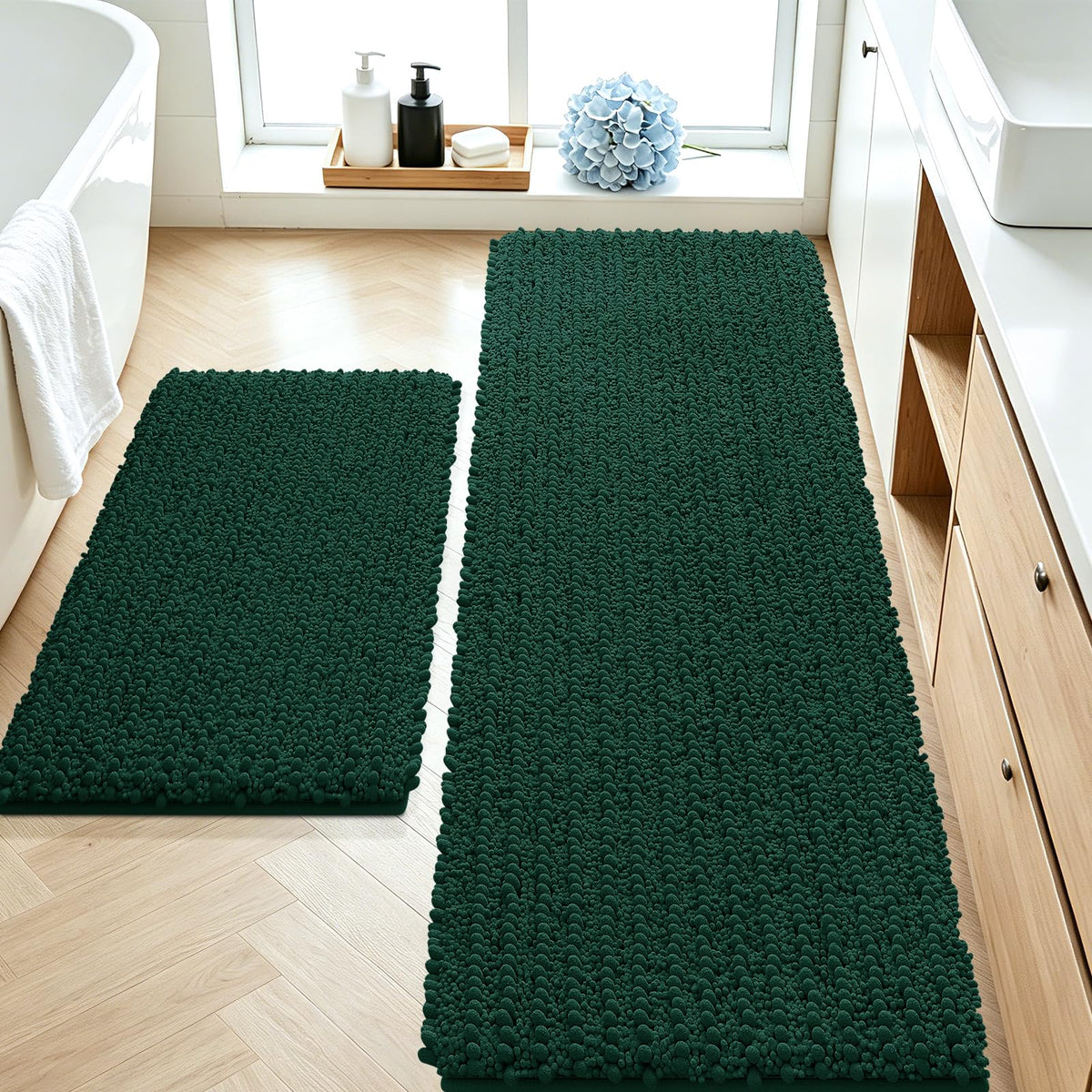 ACCUMTEK Upgrade Extra Large Black Bathroom Rug Set 3 Pieces Ultra Soft, Thick Absorbent Bath Mats, Non Slip Chenille Toilet Mat for Bathroom, Bedroom, Kitchen