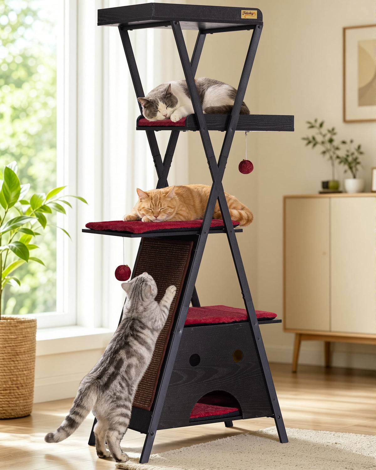 Modern Wood Cat Tree Tower for Indoor Cats Large Adult 67-in Tall