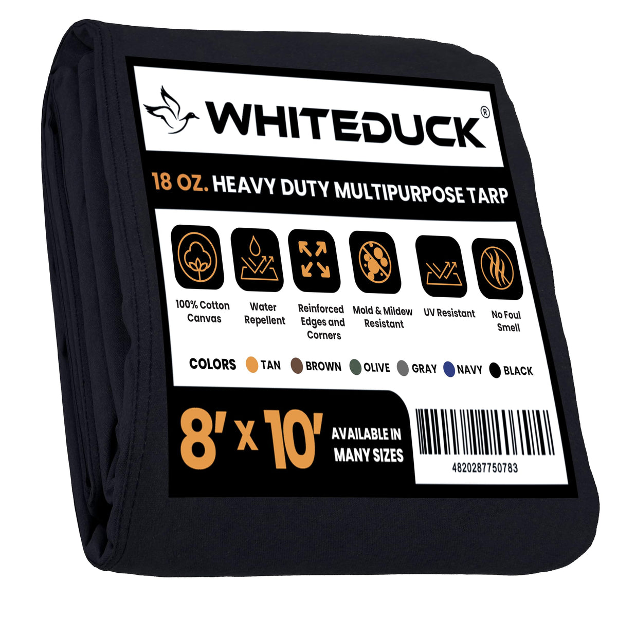 WHITEDUCK Canvas Tarp 18 oz. Heavy Duty Water Repellent UV Resistant, Rustproof Grommets, Industrial & Commercial Use Cloth Tarp (Cut Size: 8'x12', Finished Size: 7'6"x11'6", Olive Drab)