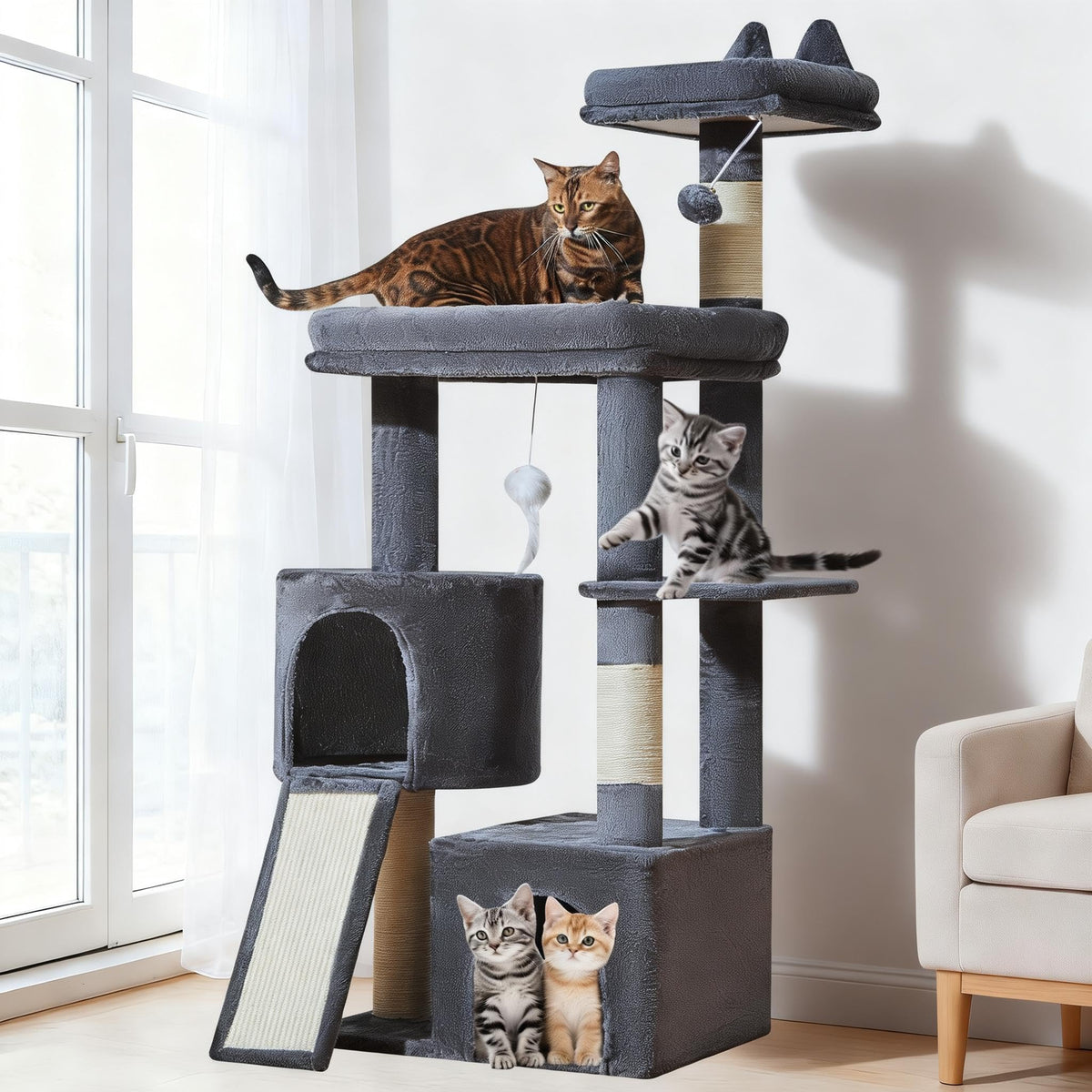 Taoqimiao Tall Cat Tree, 76In XL Cat Tower for Large Cats, 3 Padded Perches