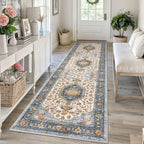 KUTA Vintage Extra Long Runners for Hallways 2.6x18ft Washable Blue White