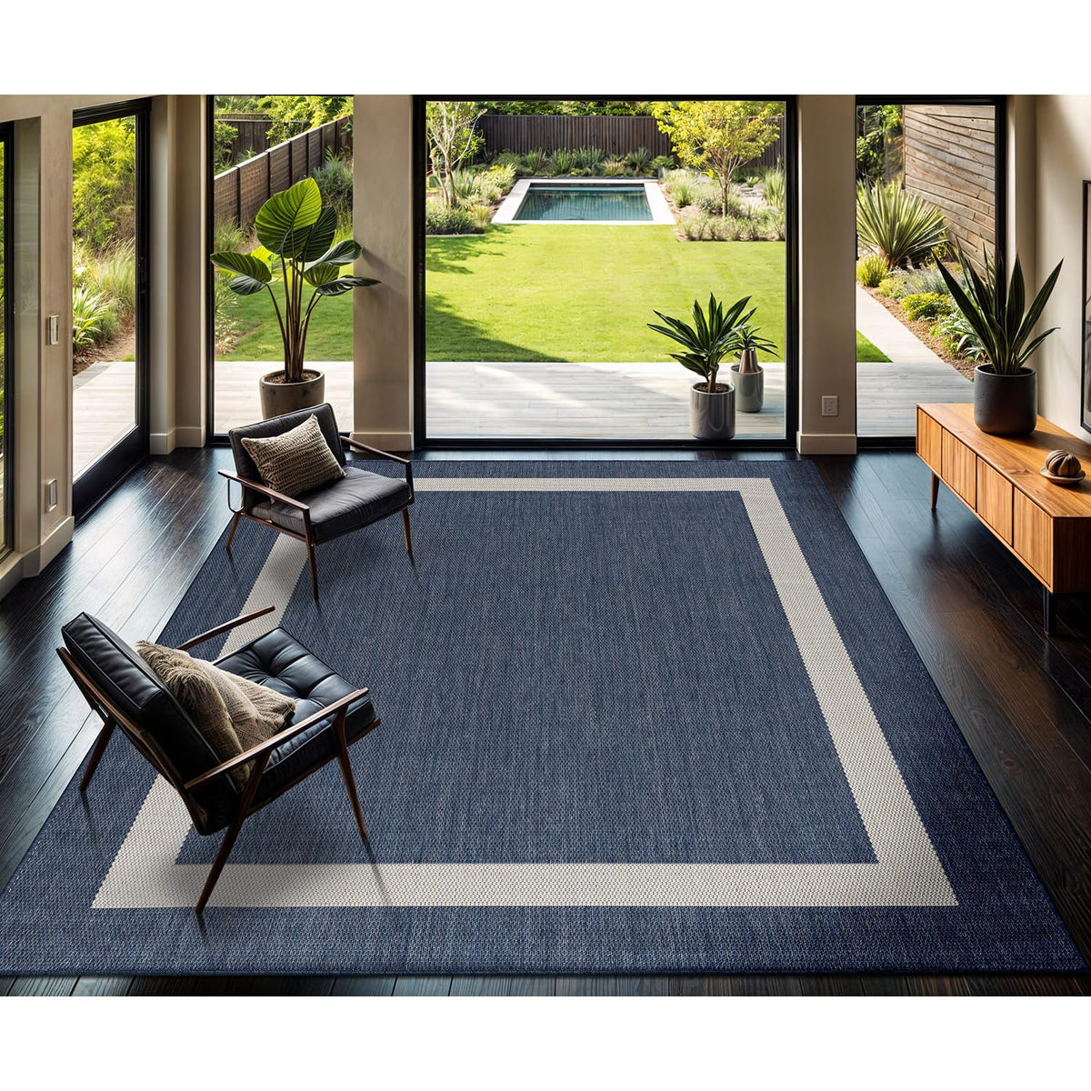 CAMILSON Outdoor Rug 6x9, Modern Outside Rugs for Patios Porches Waterproof Durable Washable Non-Shedding, Easy-to-Clean Indoor Outdoor Area Carpet (6 x 9, Bordered - Blue/White)
