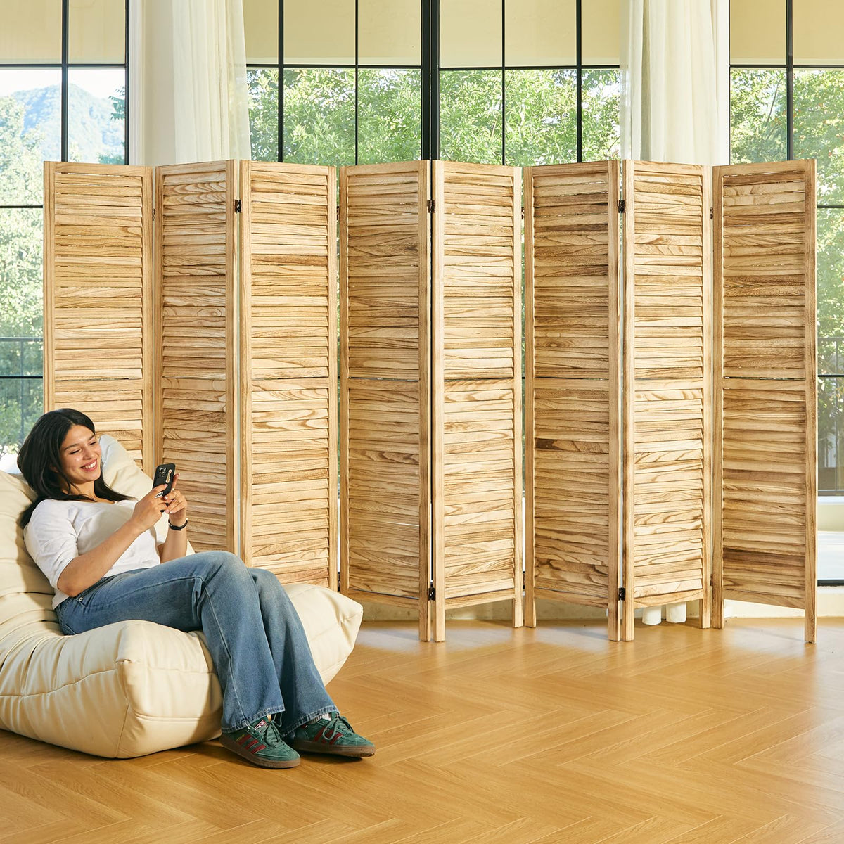 Room Dividers and Folding Privacy Screens, Wood Louvered Separators Divider Wall for Home Office Bedroom - 6 Panels, 67 * 90inch (White-Washed)