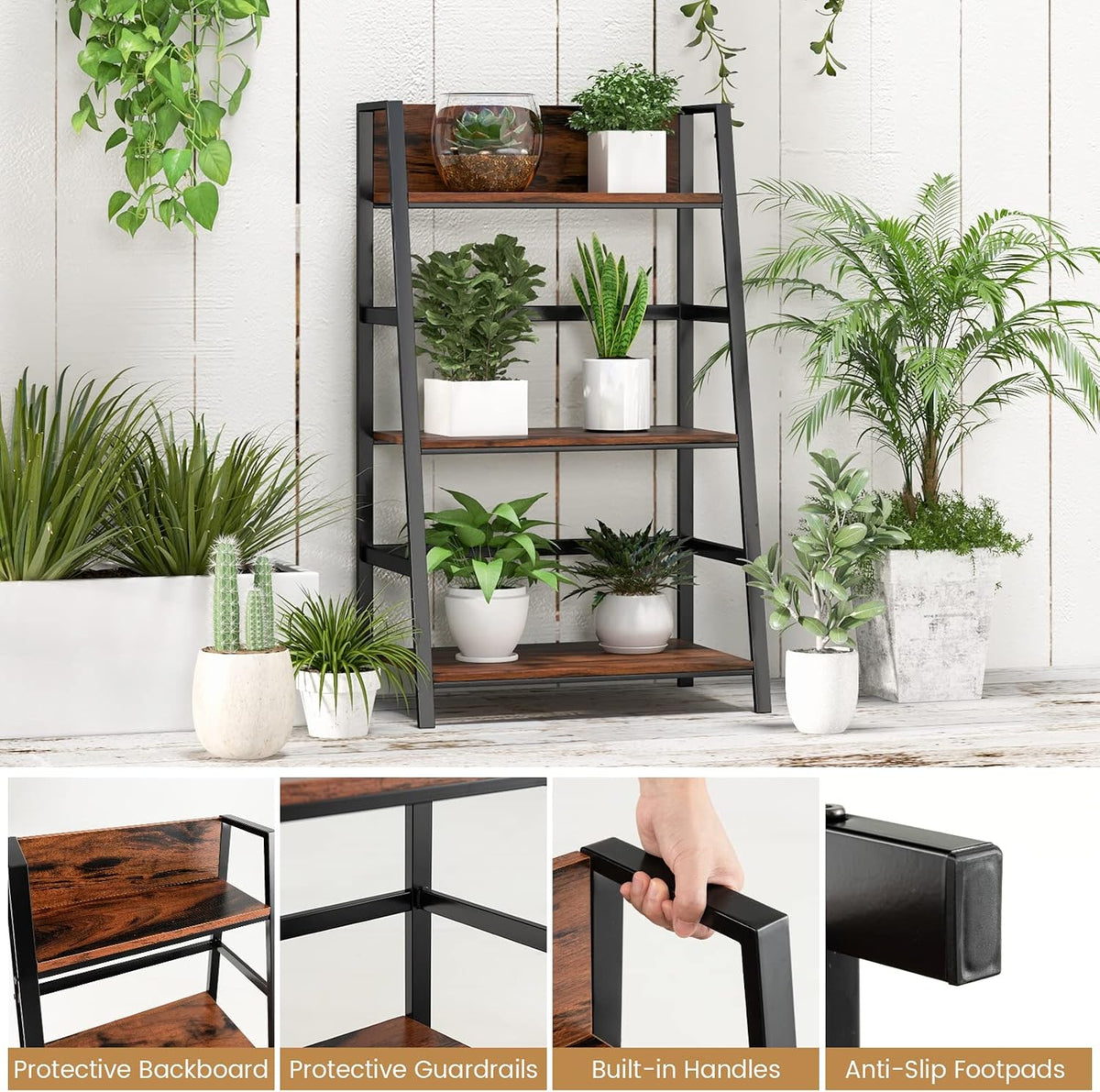 Tangkula 3-Tier Ladder Shelf, Industrial Wood Bookshelf
