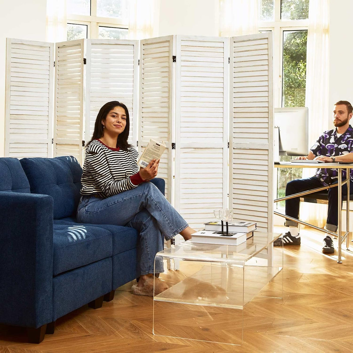 Room Dividers and Folding Privacy Screens, Wood Louvered Separators Divider Wall for Home Office Bedroom - 6 Panels, 67 * 90inch (White-Washed)