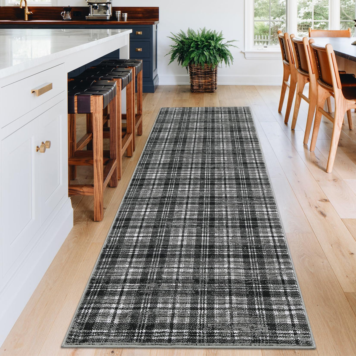 Modern Washable 8x10 Area Rug - Soft, Non-Slip, Stain Resistant, Farmhouse Tartan Plaid for Living Room, Bedroom, Nursery, Office - Beige