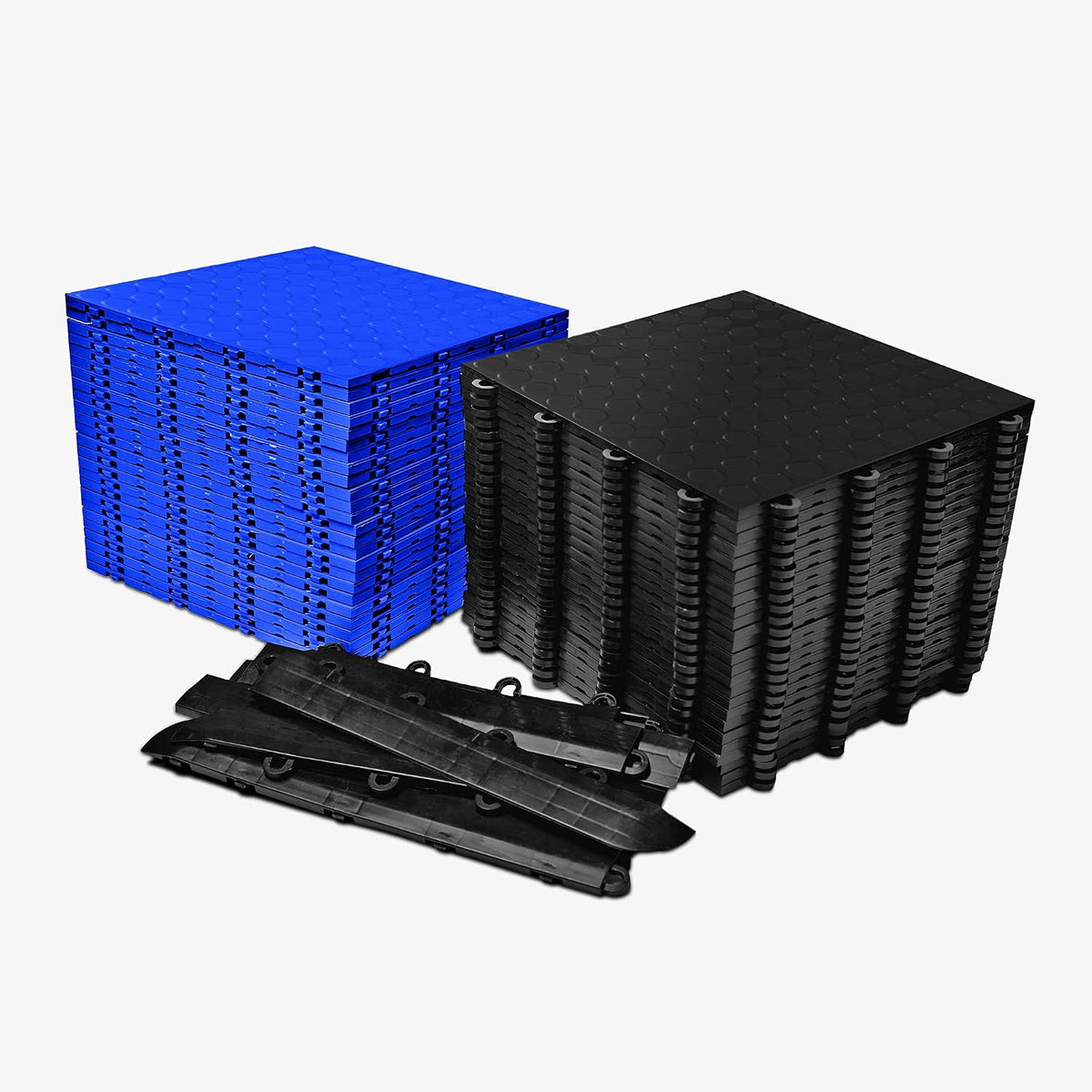 IncStores ⅜ Inch Thick Nitro Interlocking Garage Floor Tiles | Plastic Floor Tile Set for Parking, Protecting, and Displaying Motorcycles | 12"x12" Tiles, Coin, Black/Shelby Blue