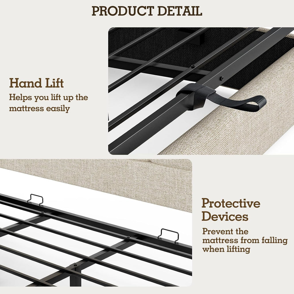 King Bed Frame with Hydraulic Gas Lift Up Storage, Linen Upholstered