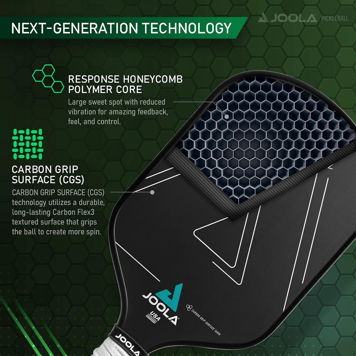 JOOLA Vision Pickleball Paddle with Textured Carbon Grip Surface Technology for Maximum Spin and Control with Added Power - Polypropylene Honeycomb Core Pickleball Racket 16mm