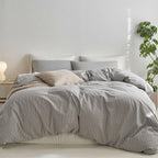 MooMee Striped Duvet Cover Set 100% Washed Cotton Linen Like Queen