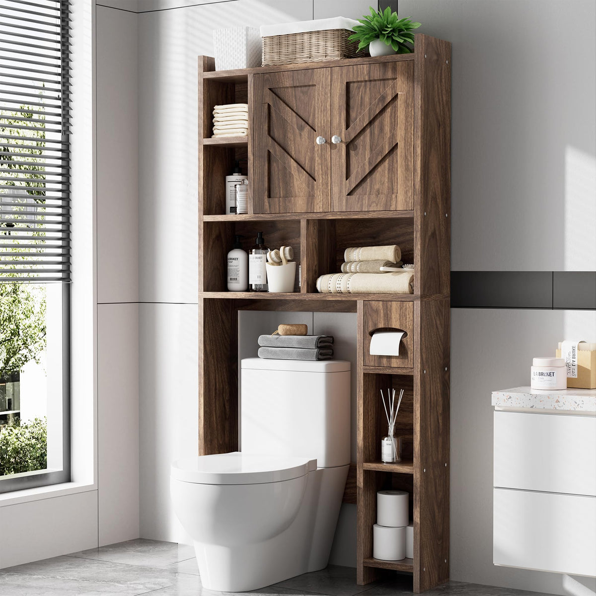 Over the Toilet Storage Cabinet, Freestanding Farmhouse Storage Cabinet Over Toilet, Bathroom Organizer with Paper Holder Stand and Adjustable Shelf, Grey