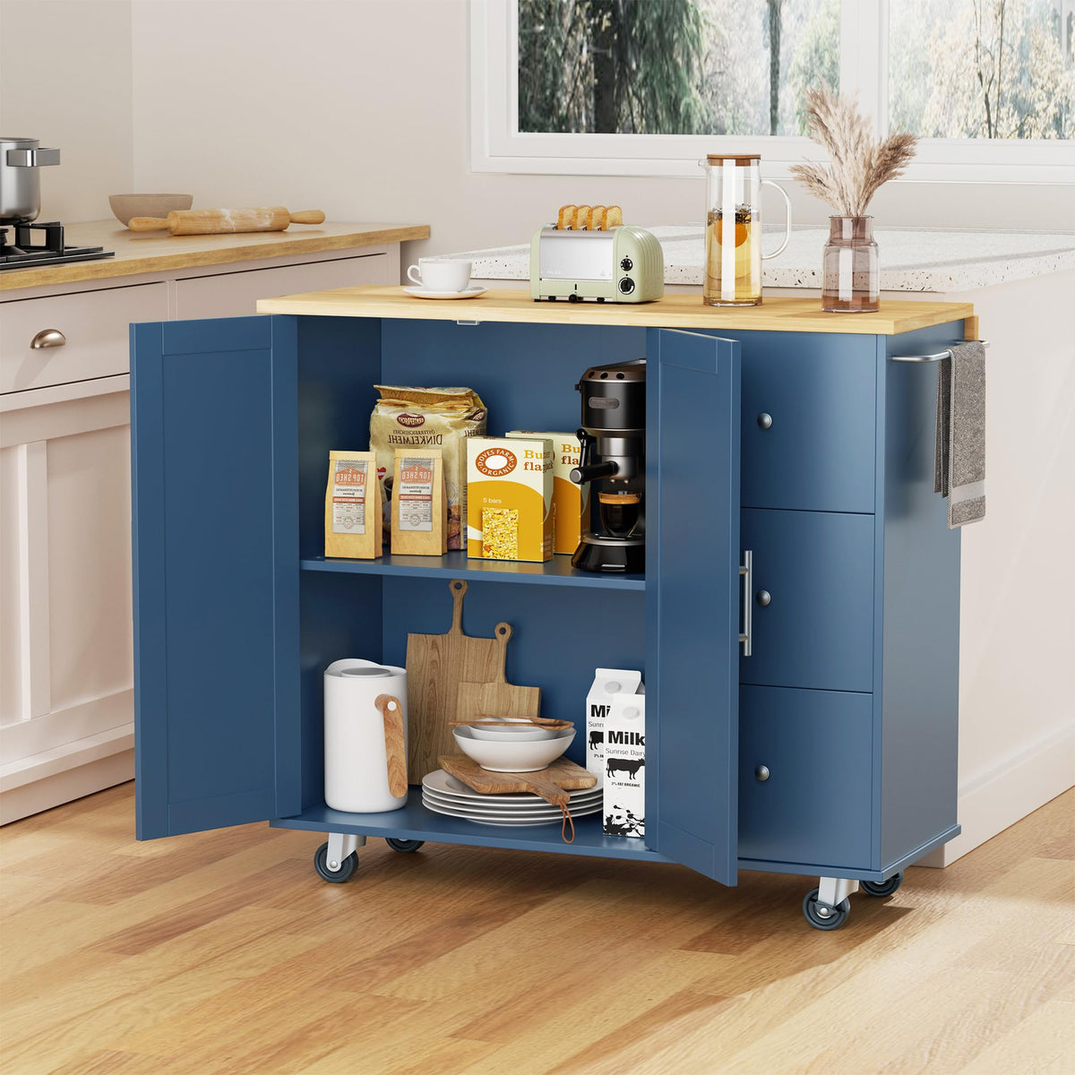 JY QAQA 26" Rolling Kitchen Island Cart on Wheels, Mobile Storage Cabinet with Drawer & Inner Shelves, Towel Rack, Lockable Casters, Wood‑Top Portable Prep Cart for Kitchen Dining Apartment, White