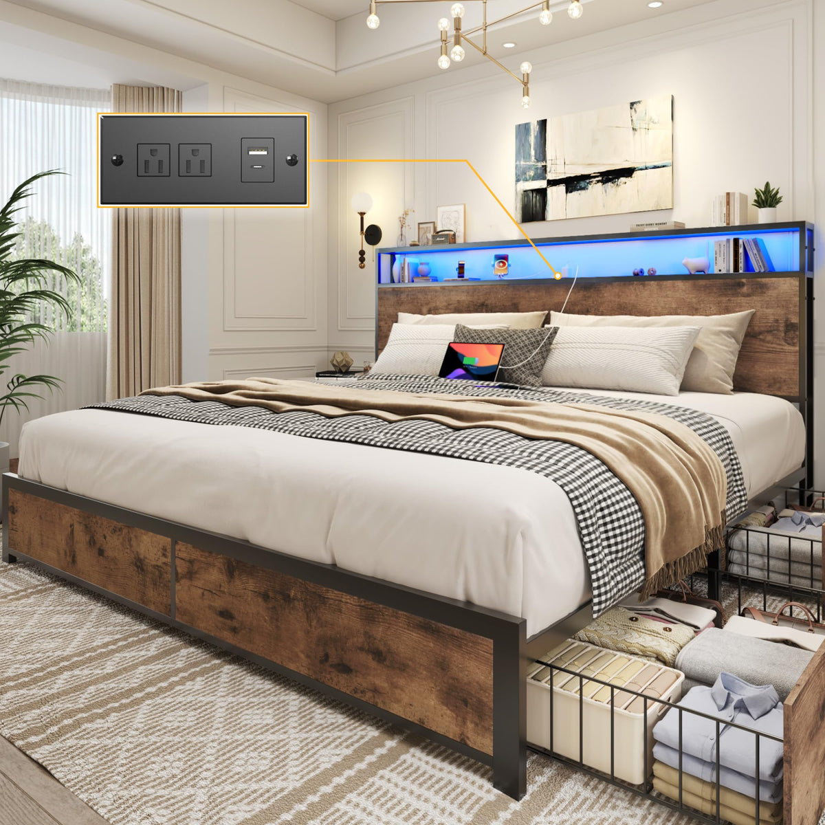 Lifezone Queen Bed Frame with 2-Tier Storage Headboard, Metal Platform Bed Frame with 4 Storage Drawers, Built in Charging Station & LED, Noise-Free/Metal Support/No Box Spring Needed, Rustic Grey