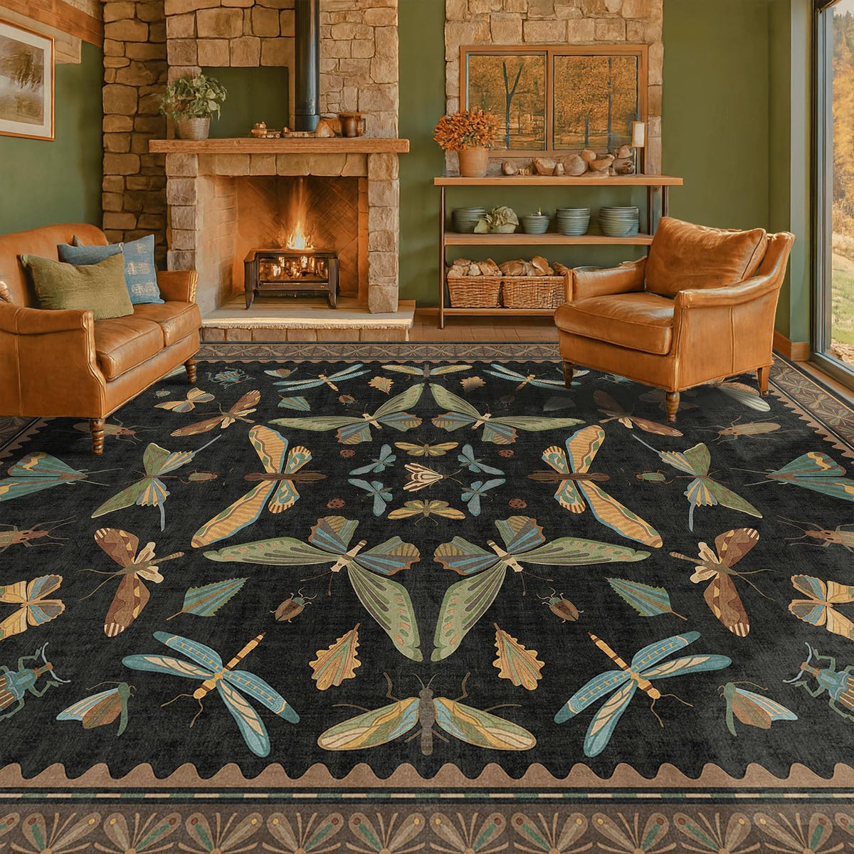 Hazo Haus Dark Green Insect Area Rugs 8x10 for Living Room, Dining Room Under Table, Bedroom, Unique Washable Floral Non Slip Low Pile Soft Rug