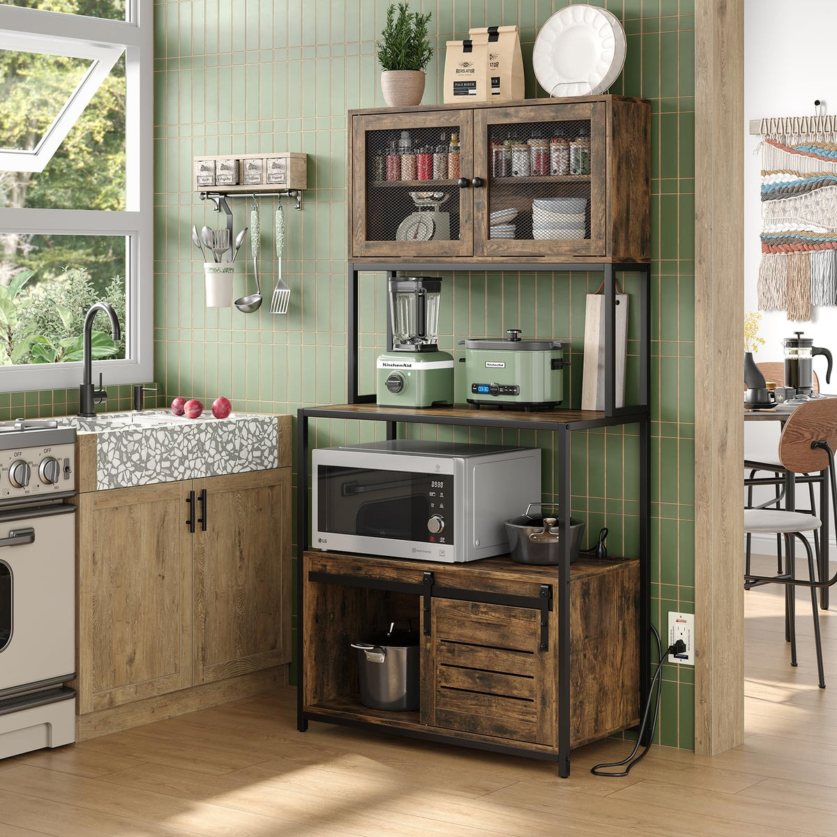 Furniouse 6-Tier Kitchen Bakers Rack with Power Outlet, Industrial Microwave Oven Stand with Shelves, Dust Prove Door, Standing Storage Rack (Rustic Brown)