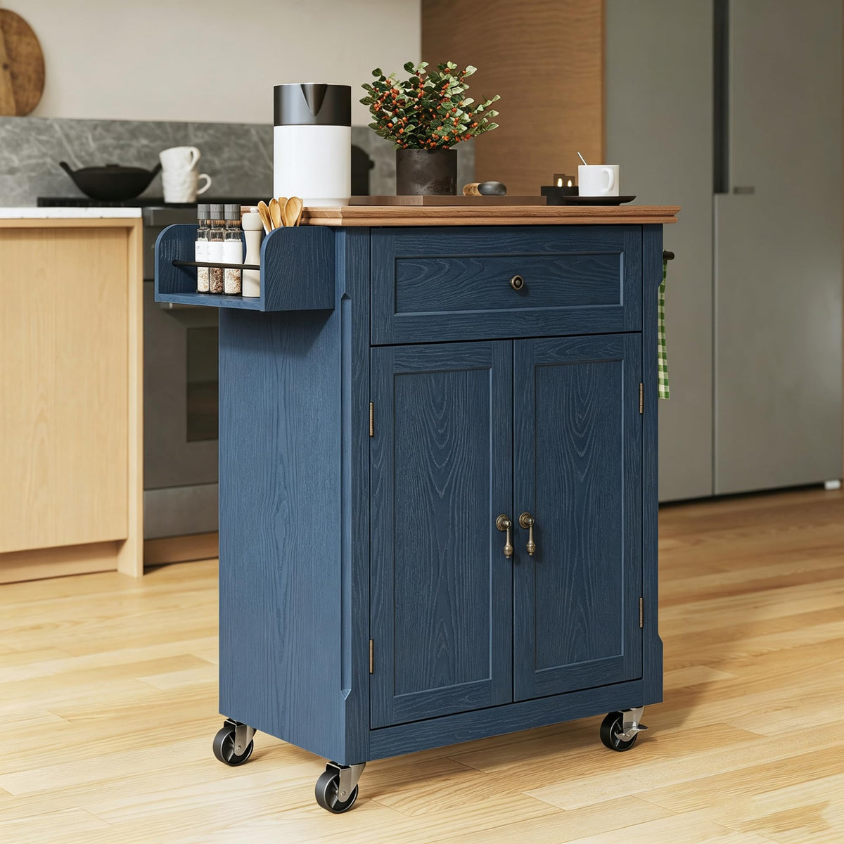 HLR 26'' Small Kitchen Island, Vintage Wood Kitchen Cart on Wheels, Green