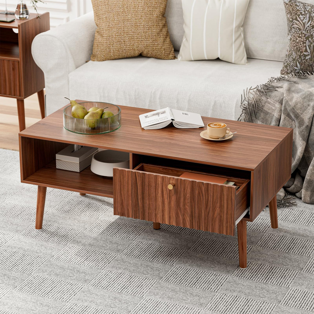 LCRBOL Coffee Table with Fluted Sliding Door, Mid-Century, Walnut