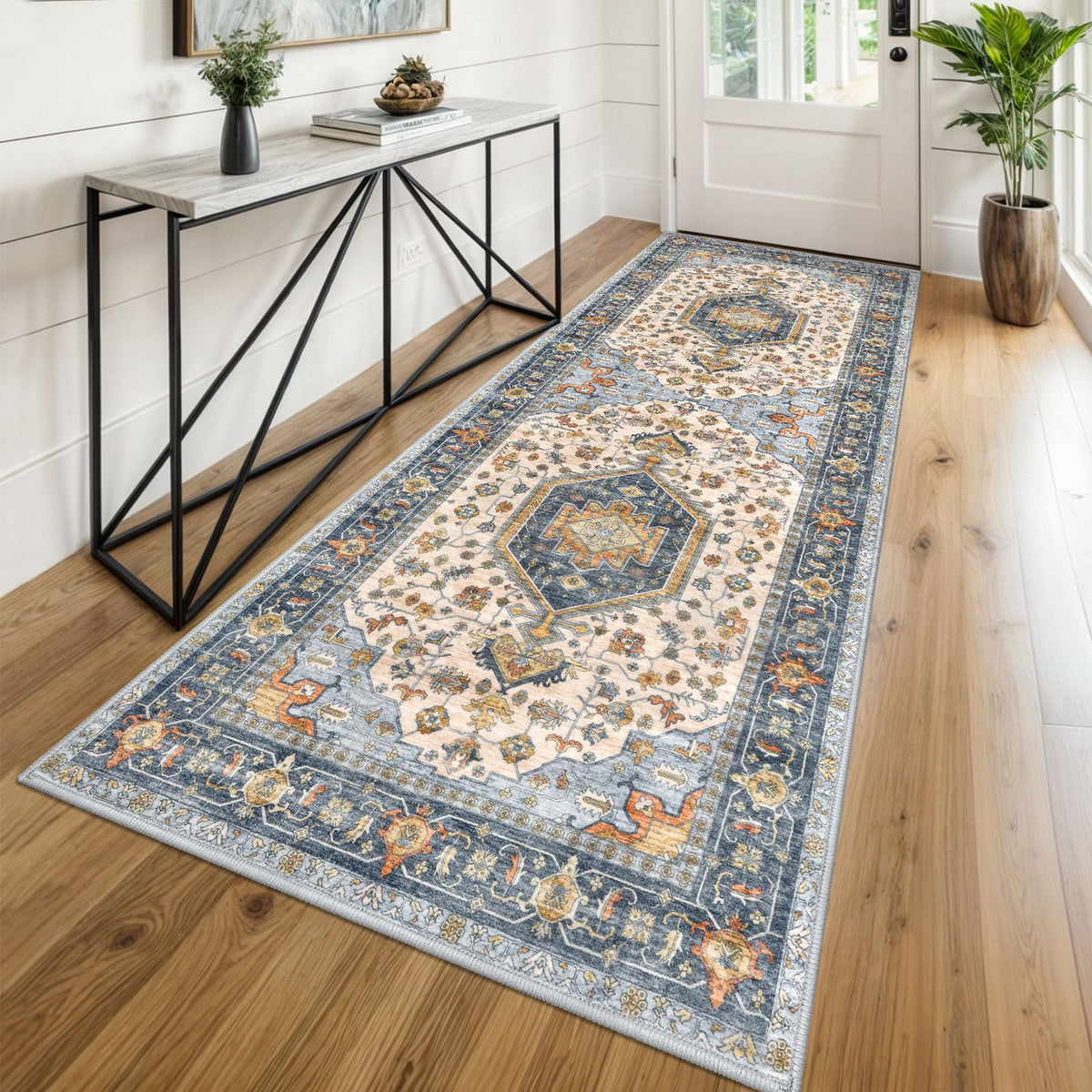 KUTA Vintage Extra Long Runners for Hallways 2.6x18ft Washable Blue White