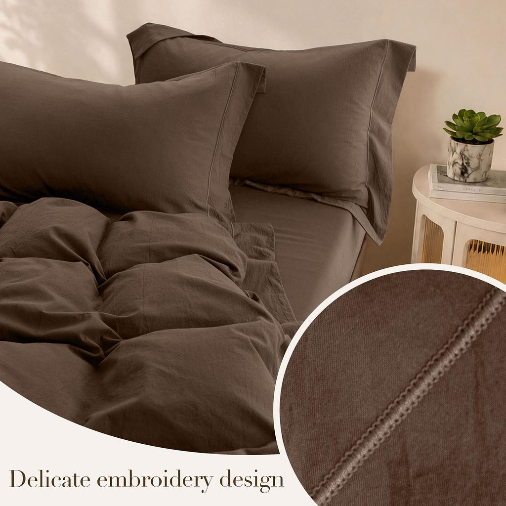 Duvet Cover Set Washed Cotton Embroidered Hem King 3‑Pcs