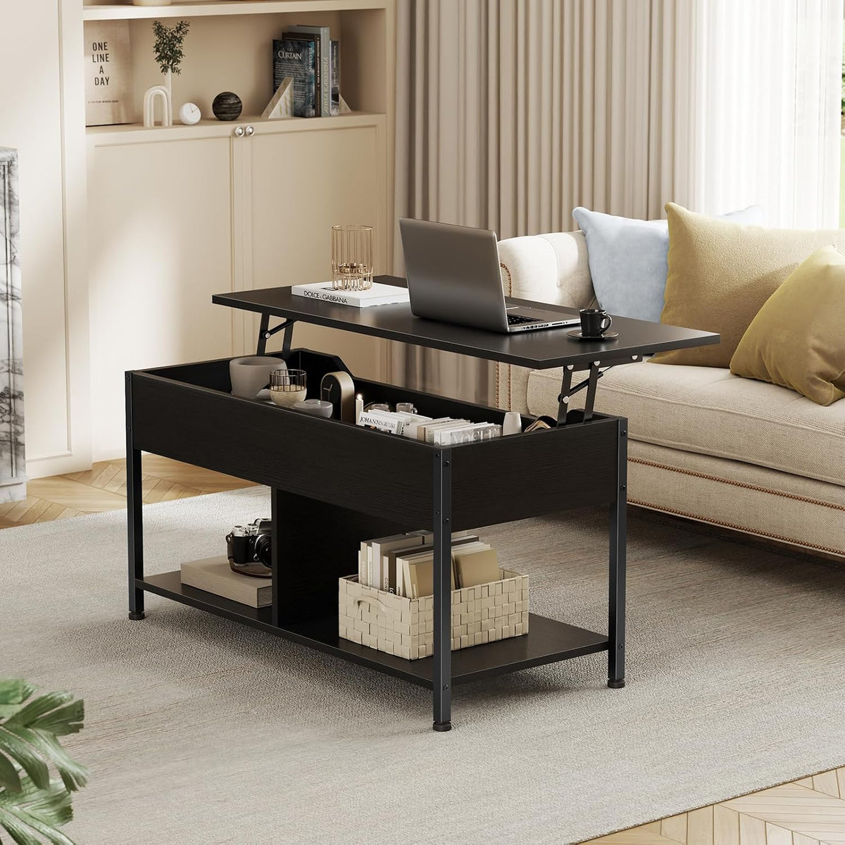 OLIXIS Coffee Table with Storage for Home Living Room Office, Black