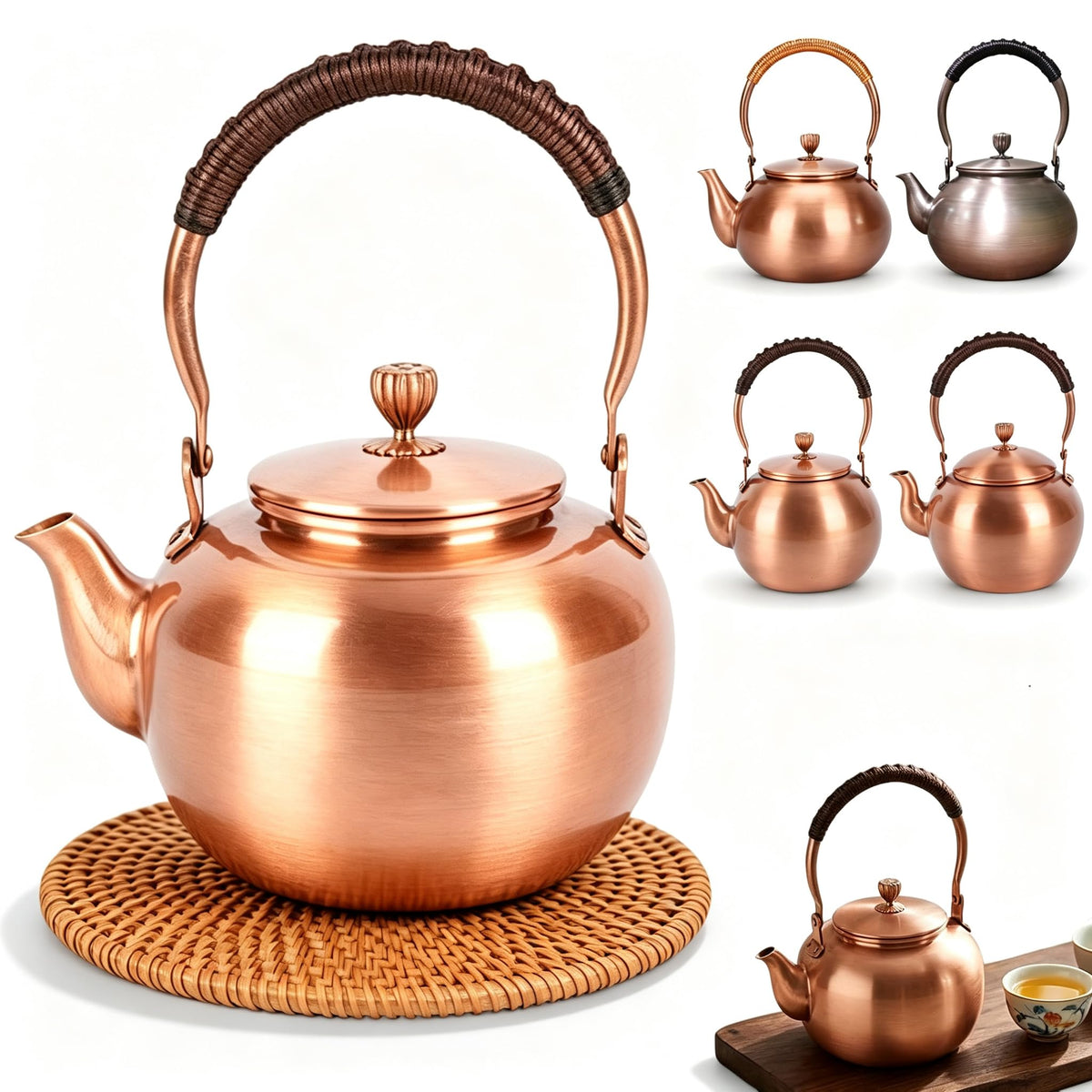 Handmade Copper Kettle 1200ML, Copper Stovetop Tea Kettle, Handmade Solid Copper Teapot with Stay-Cool Grip, Fast Boiling Gas Stove for Tea Ceremony Home Kitchen Use (1.1L-B)