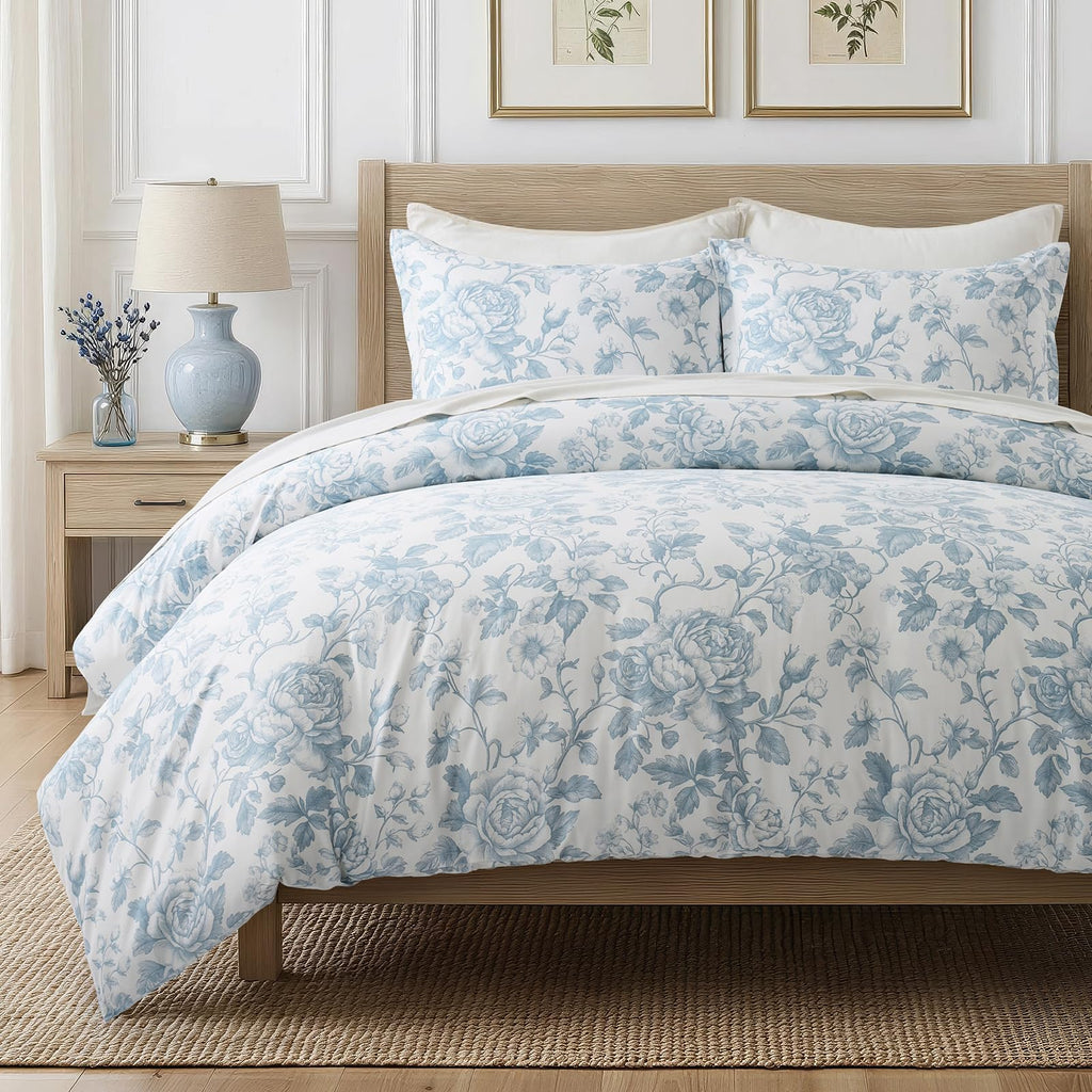 EverGrace 100% Cotton Sateen Duvet Cover Set, King Size, Blue Linen