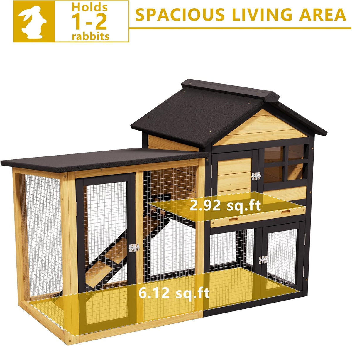 Outdoor Rabbit Hutch with Chew-Proof,2-Story Bunny Cage with Pull-Out Leak Proof Tray and Waterproof Roof,Indoor Rabbit Cage with Lockable Doors for Guinea Pigs,Small Pets