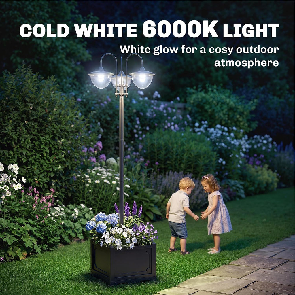 Outsunny 74.5" 3-Head Solar Lamp Post Light Outdoor with Planter, Black