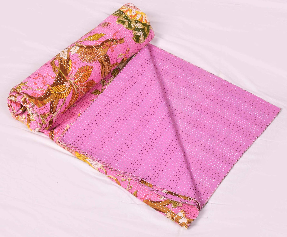 Indian Floral Print TwinQueen/King Size Kantha Quilt Kantha Blanket Bed Cover Kantha Bedspread Bohemian Bedding Kantha Blanket (Pink, Queen (U.S. Standard))