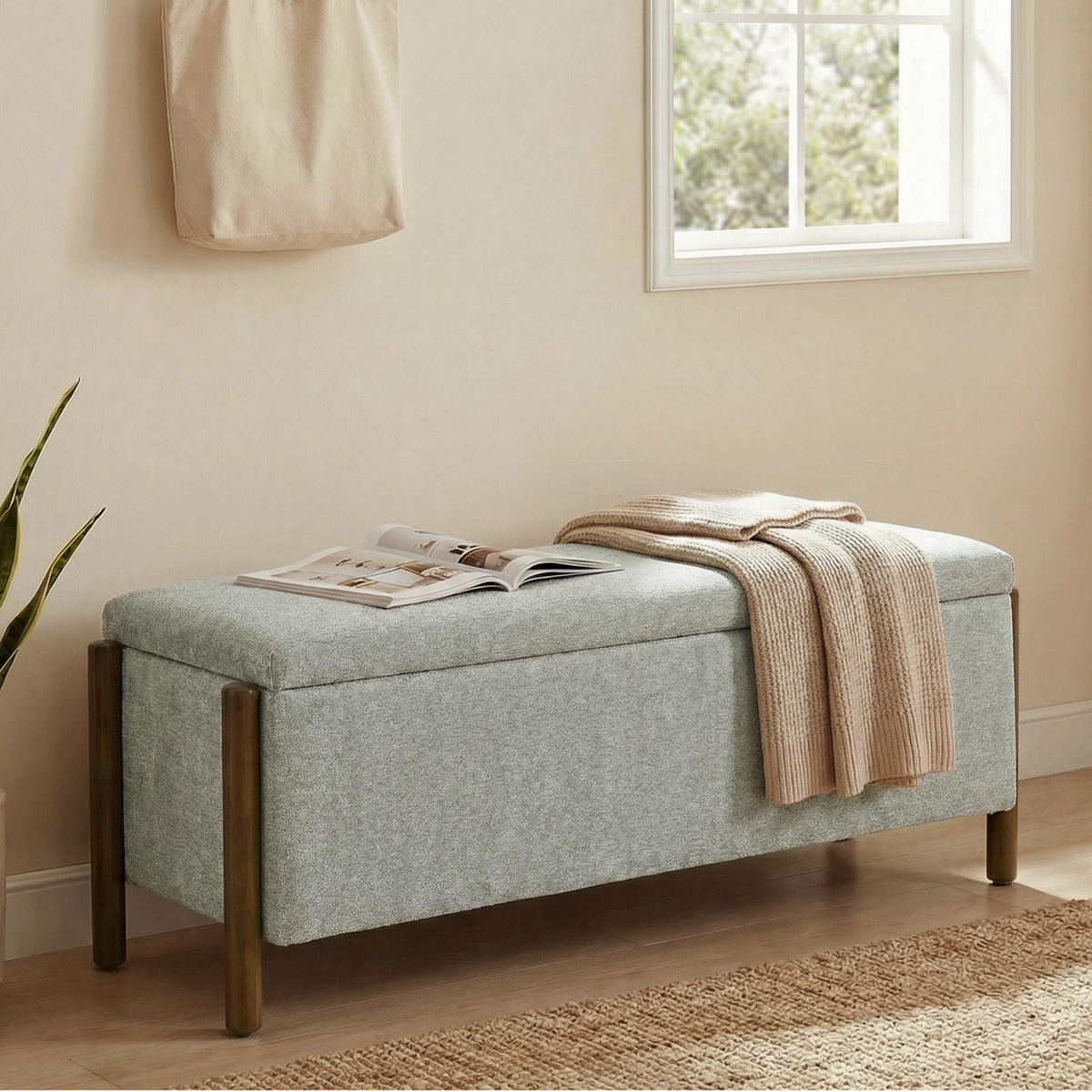 Usaint 47" Fabric Upholstered End of Bed Storage Ottoman Bench, Beige