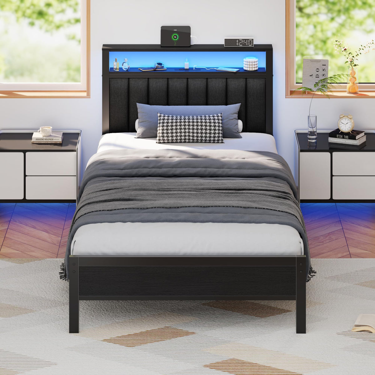 Furnulem Full Size Bed Frame with Charging Station and LED Lights