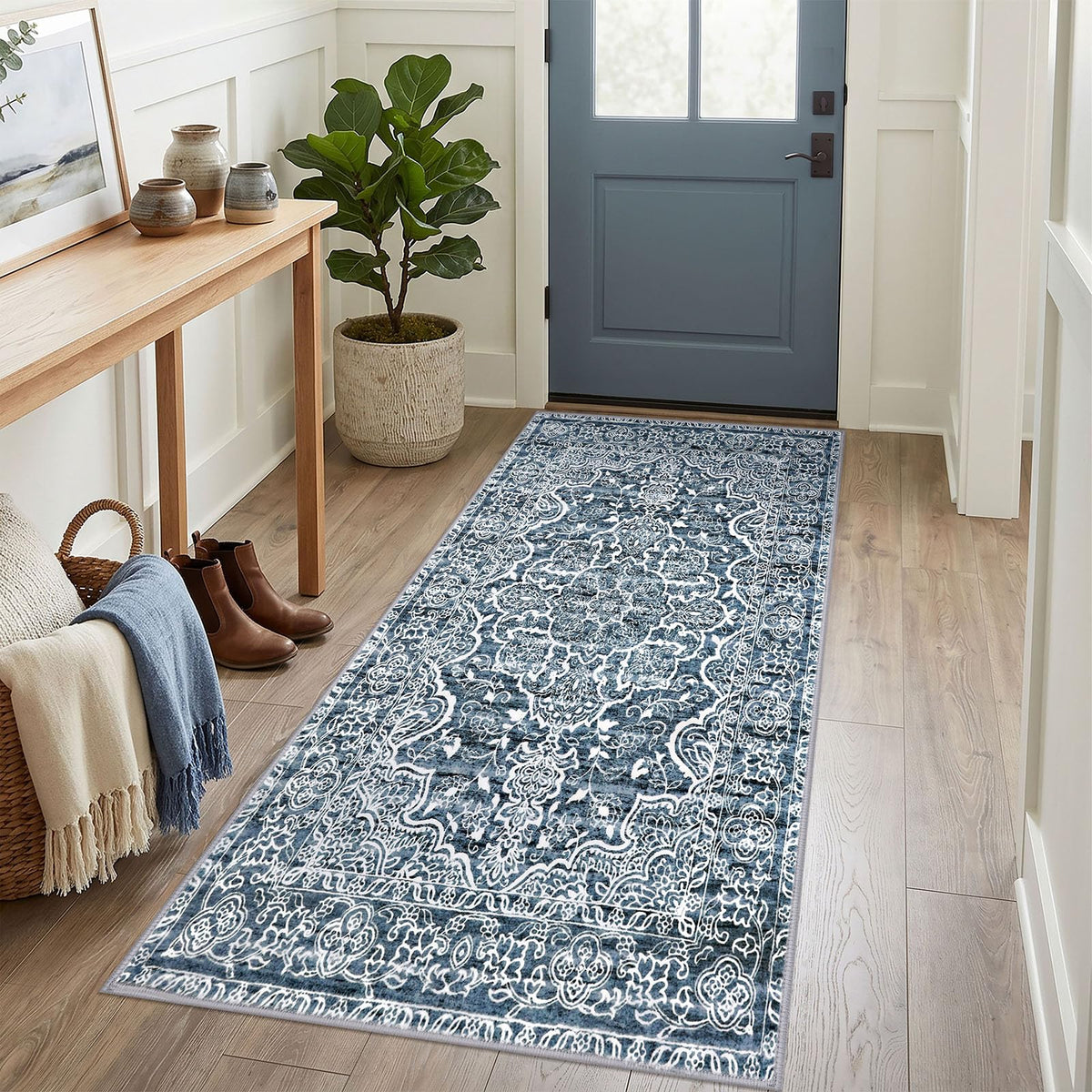 KUTA Vintage Extra Long Runners for Hallways 2.6x18ft Washable Blue White