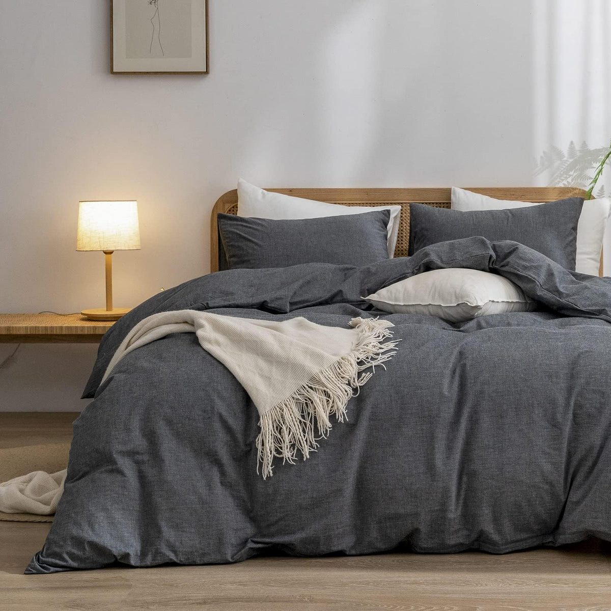 BESTOUCH Cotton Solid Duvet Cover Set Linen Feel Cornflower Blue Queen